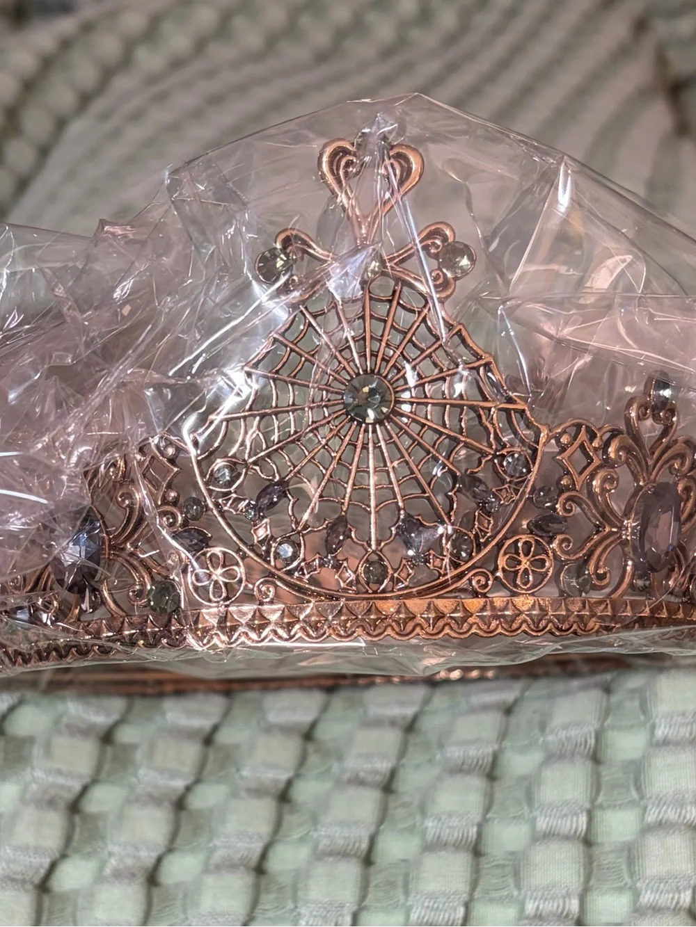 Antiqued Rose Gold Spiderweb Rhinestone Crown Tiara Halloween Gothic